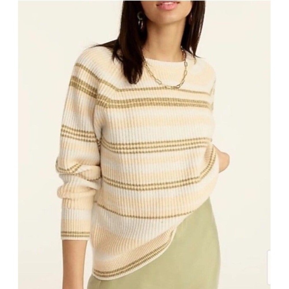 J Crew 100% Cashmere Striped Crewneck Sweater Size M Peach Gold White